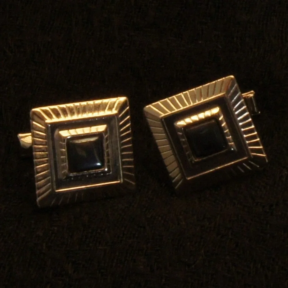 Silver Tone Black Inset Cufflinks Geometric Square Art Deco Style Pair